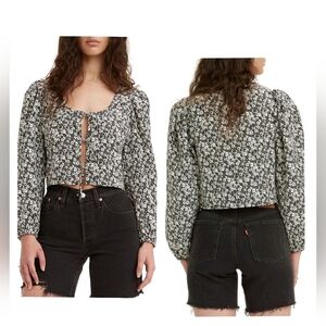 2211) Levi's Black & White Florals Tie Front Closure Long Sleeve Blouse Size Med